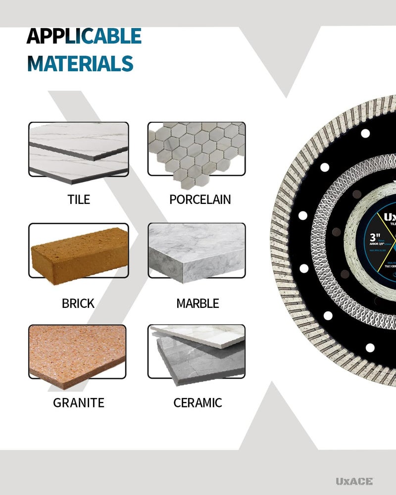 UXACE 3 Inch Diamond Blade, 3/8 Inch Arbor, 3'' Super Thin Diamond Tile Blade for Angle Grinder & Tile Saw, General Purpose Diamond Cutting Wheel for Ceramic, Tile, Marble, Granite, Porcelain, 2 Pack - Image 4